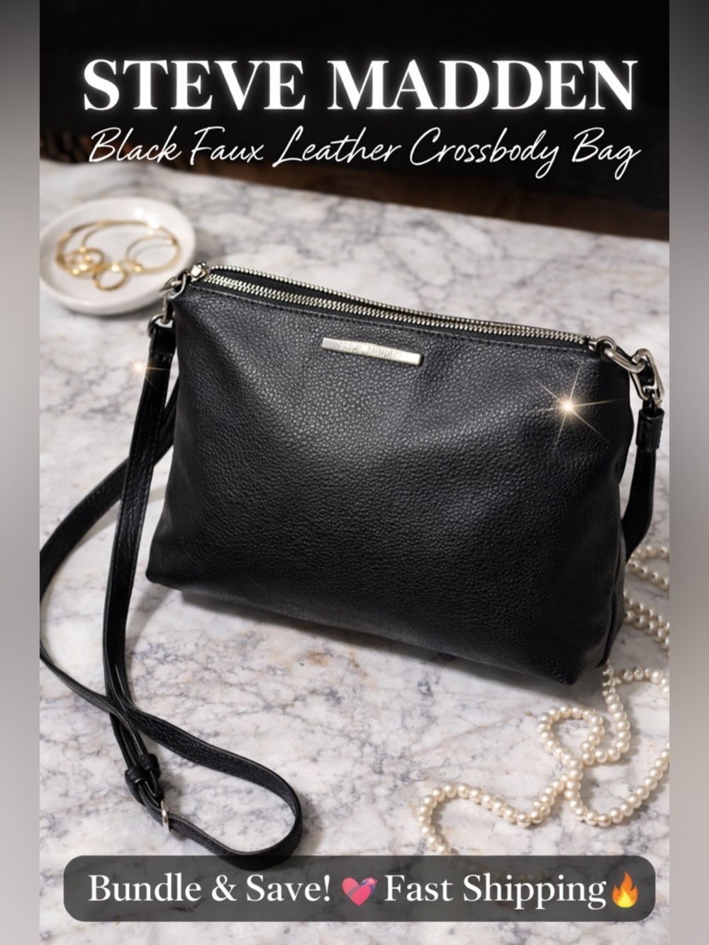 Steve Madden Black Crossbody Bag Faux Leather Minimalist